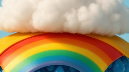 Colorful rainbow arching beneath fluffy white cloud above glossy blue raindrops on bright pastel blue background, cheerful weather concept - Powered by Adobe