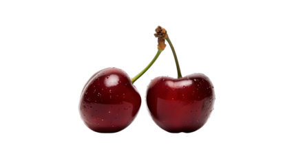 Two Dark Red Cherries with Stems. The image shows two ripe, dark red cherries side-by-side against a white background. The cherries are connected by their green stems