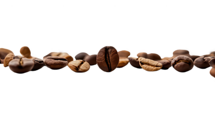 Close-up of Coffee Beans. The image showcases a close-up view of a collection of roasted coffee beans. The beans vary in shape and size, but all have a rich, dark brown color. 