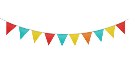 Fototapeta premium Festive string of colorful bunting with triangular and swallowtail flags in bright red, orange, yellow, turquoise, visible fabric texture on a transparent isolated background with studio lighting,