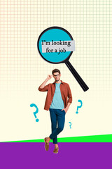 Zine pop image banner 3d photo collage of happy businessman businesswoman stand magnifier lens...