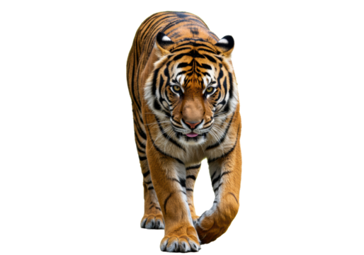 A powerful and majestic Sumatran tiger with vivid orange and black stripes, sleek body, and intense gaze, walking towards the viewer on a transparent isolated background, studio lit. Concept of
