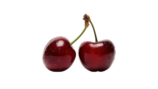 Two Dark Red Cherries with Stems. The image shows two ripe, dark red cherries side-by-side against a white background. The cherries are connected by their green stems