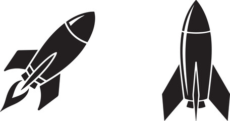 Two stylized black and white rocket ship illustrations representing space travel and exploration