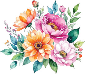 Soft floral bouquet with various blooms in watercolor style. Colorful spring flowers arrangement with fresh green leaves. Floral composition with delicate pink and orange blooms.