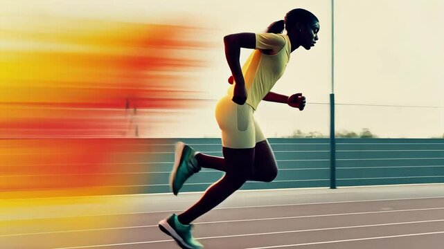 Woman sprinter running on track with speed blur. Athlete pushing limits for maximum velocity. Fast determination and power in motion footage.