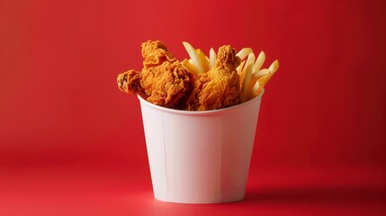 modern and minimalist food presentation featuring a white bucket of fried chicken, perfectly crisp and golden, with an enticingly crunchy exterior