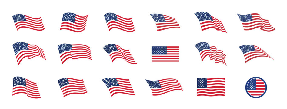 American flag set, USA waving flag collection, United States. Collection of American flags waving in different styles and directions