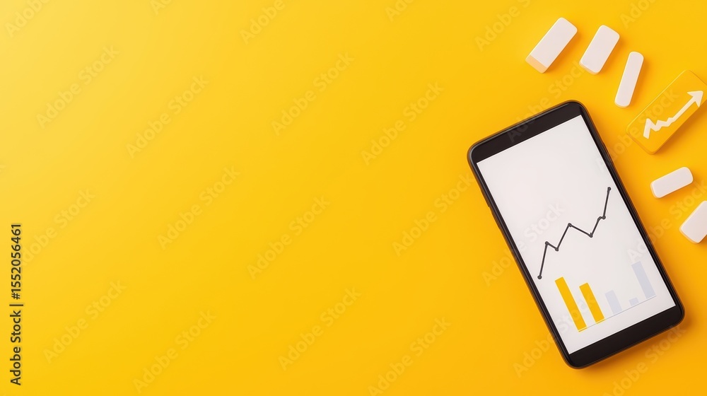 Aufkleber smartphone with graph on yellow background and business concept elements for financial analysis and 