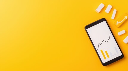 Smartphone with Graph on Yellow Background and Business Concept Elements for Financial Analysis and Growth