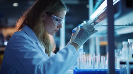 Focused scientist in lab coat analyzing samples under bright laboratory light