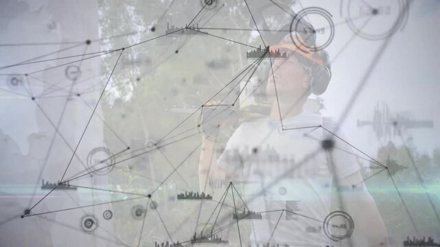 Field technician powering sampler then scanning canopy with animated nodes showing air quality data