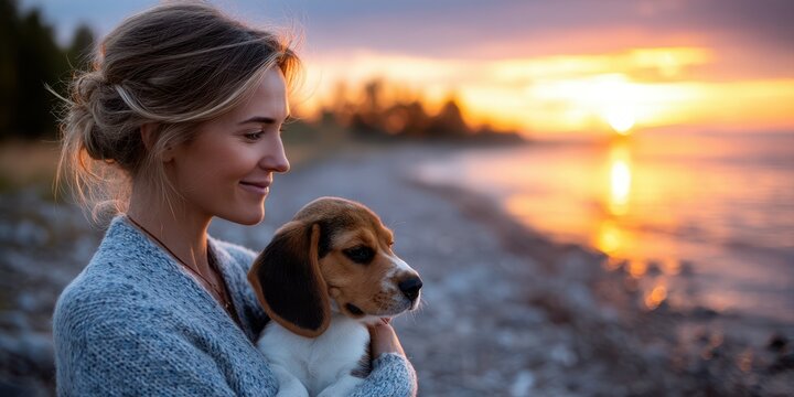 Beautiful sunset by the lake with a woman holding a beagle puppy, capturing a moment of tranquility and joy