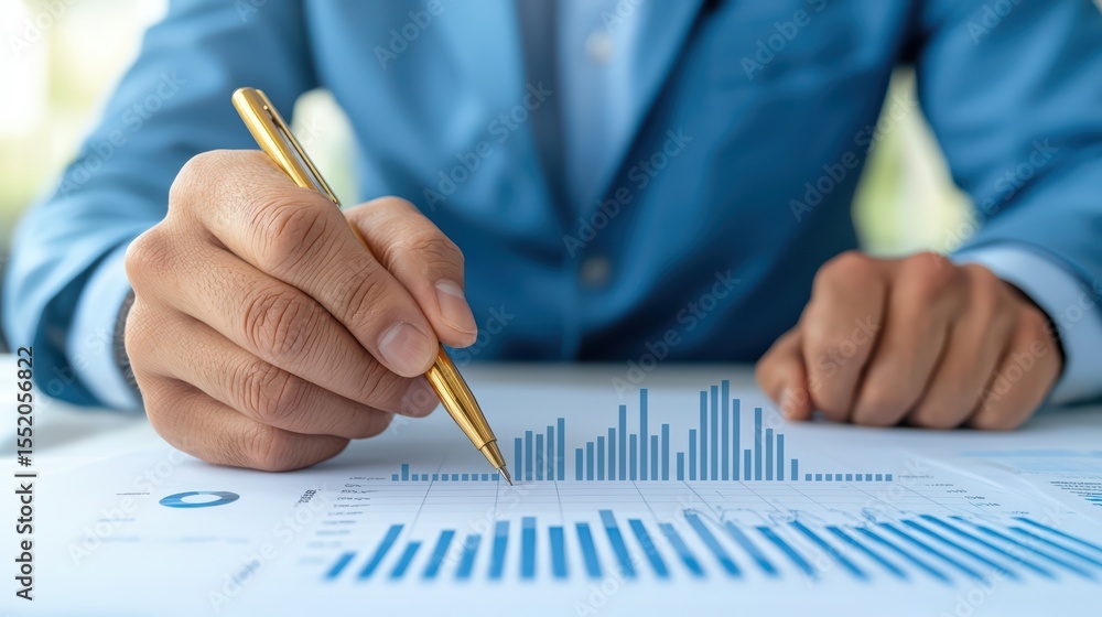 Poster business professional analyzing sales data with graphs and charts using gold pen on white document