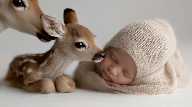 Rehkitz schnuppert an schlafendem Baby im Fotostudio. K&uuml;nstliche Intelligenz KI