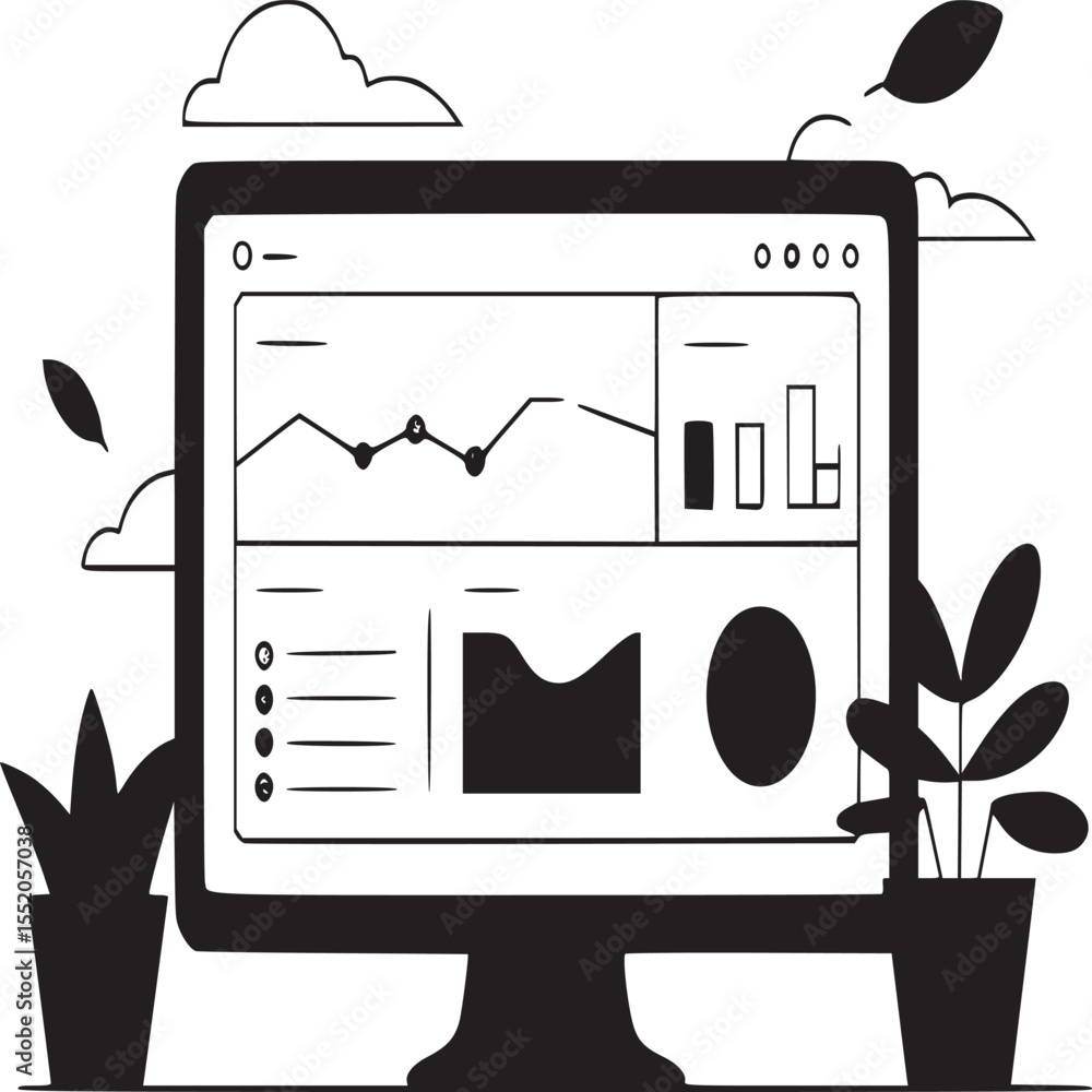 Poster illustration of a computer screen displaying data charts with plants on either side of it