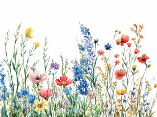 Watercolor background with wildflowers. Watercolor colorful wildflowers and meadow flowers on a white background. Natural and wild flowers concept. Watercolor field botany. Vector illustration.