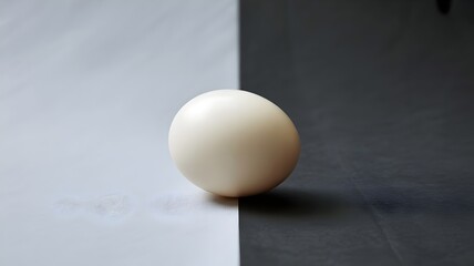 Single white egg on minimalist gray background with dramatic lighting and shadow for food photography nutrition cooking concept design