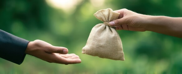 The hands exchanging a burlap bag representing a financial transaction outdoors.