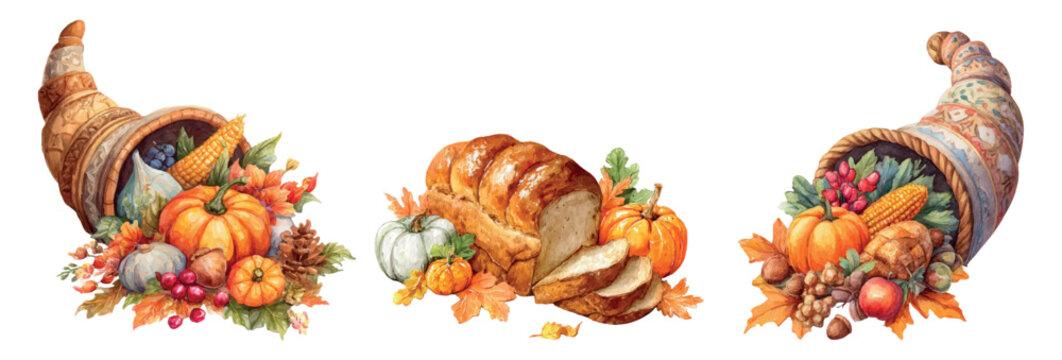 Watercolor autumn symbols for Thanksgiving. Cornucopia with autumn harvest, bread and pumpkins. Happy Thanksgiving. Elements of coziness for the harvest festival, Thanksgiving Day, Autumn.