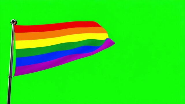 Rainbow LGBT pride flag on green screen background. Lesbian lgbtq flag video waving in wind chroma key. Seamlessly looping 3D animation copy space. Realistic Gay Flag background. International Day