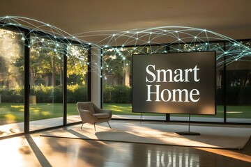 Smart home interior with digital network connections overlay showing IoT technology integration in modern living space with large windows
