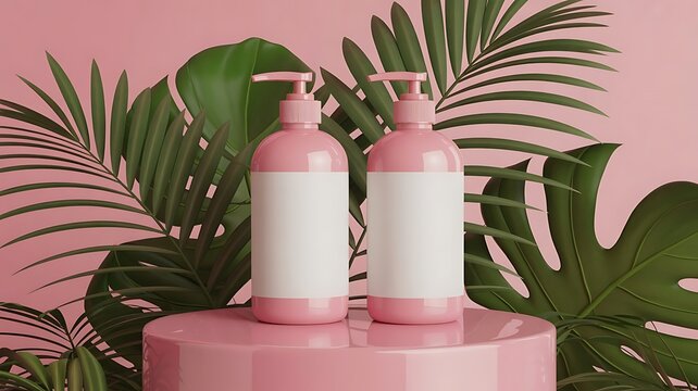 Pink Lotion Bottles Mockup with Tropical Leaves Product Packaging Design