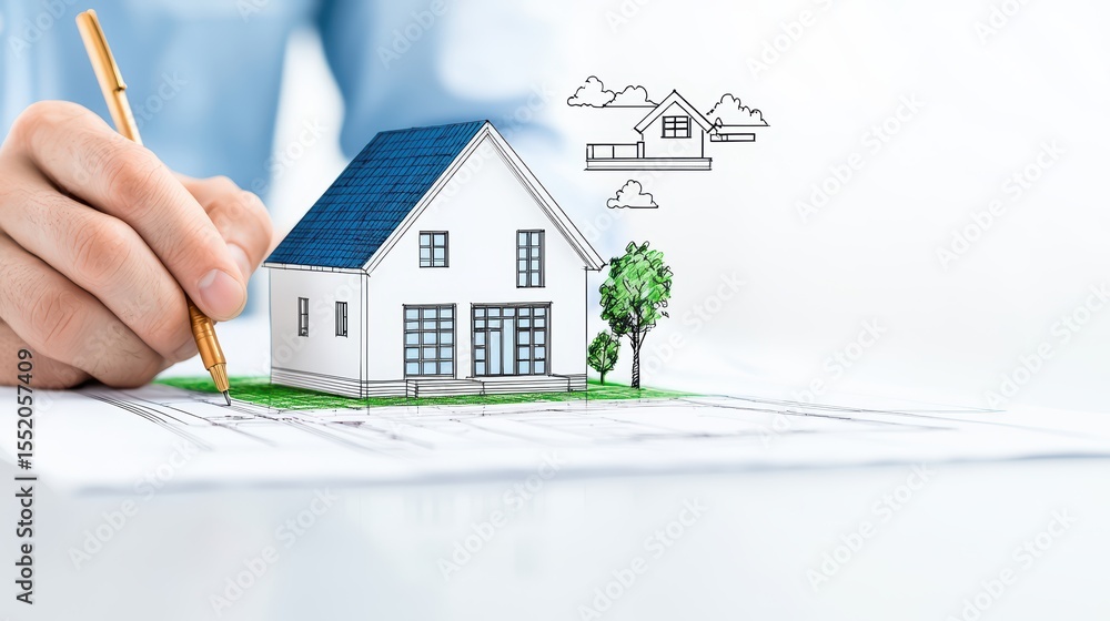Poster architectural design process showcasing hand sketching home plans with a 3d model representation and