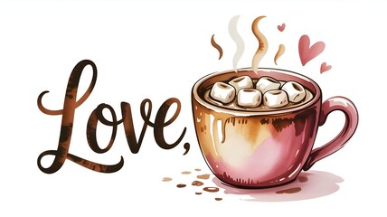 Watercolor hot chocolate mug with marshmallows and love script lettering, pink hearts and steam - cozy romantic coffee illustration concept
