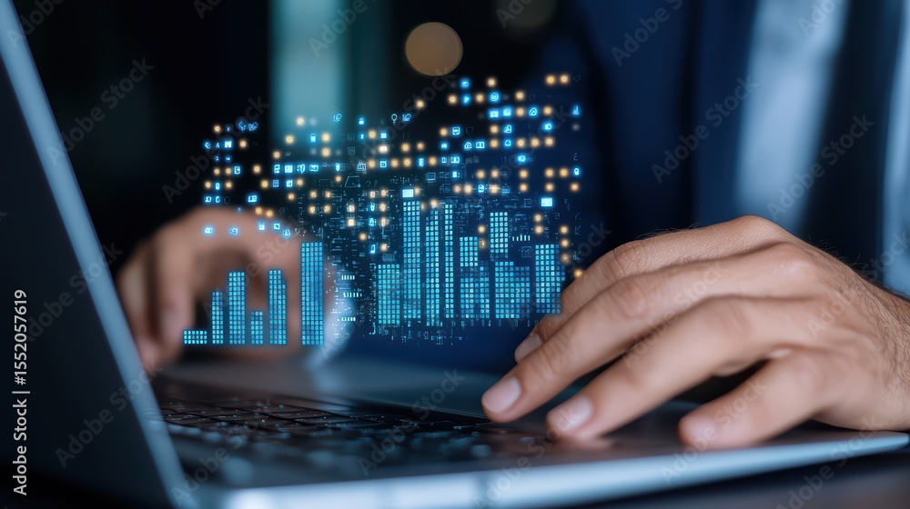 Poster businessman working on laptop with digital graphs and data visualization in office environment for t