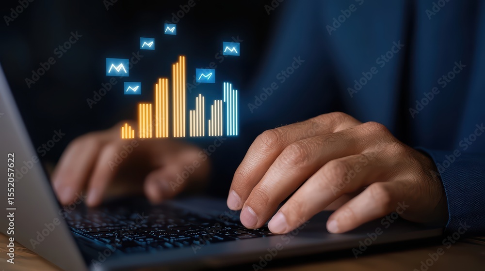 Poster business analysis with data visualization on laptop for financial insight and strategy development
