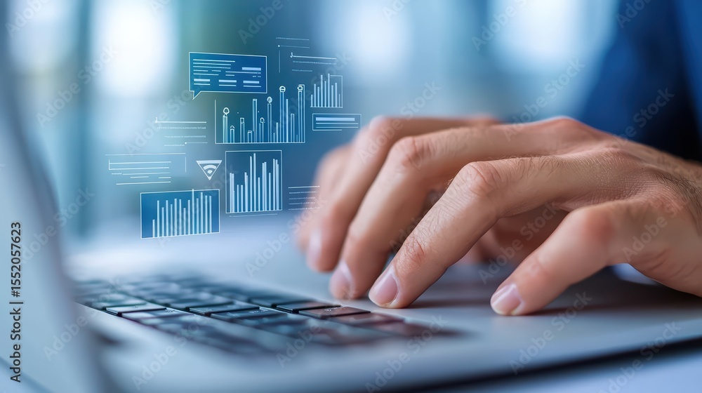 Poster detailed close-up of hands typing on laptop with data visualization in background for technology and