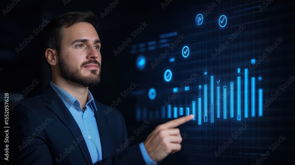 Poster business professional analyzing data trends with digital graphs and charts on dark background in mod