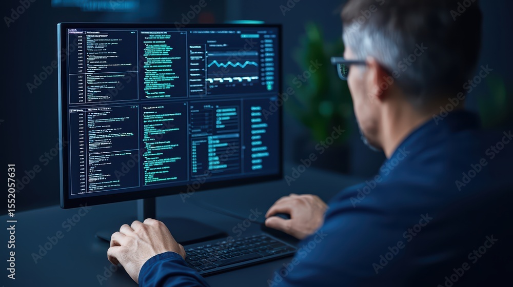 Poster focused developer analyzing data and code on modern computer screen in dark office environment
