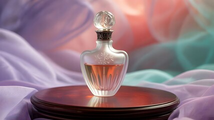 Elegant vintage crystal perfume bottle with amber liquid on wooden platform surrounded by flowing pastel fabric - luxury beauty product concept
