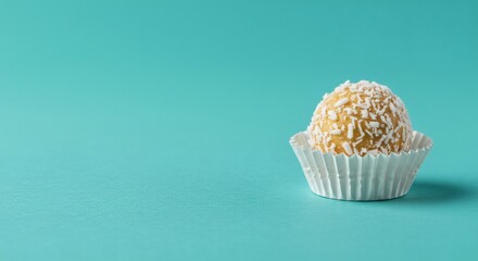 A delectable brigadeiro candy, covered in coconut, ready to enjoy on a vibrant turquoise backdrop.
