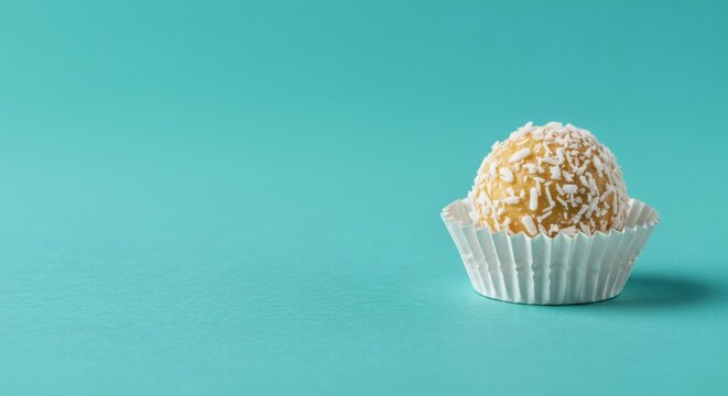 A delectable brigadeiro candy, covered in coconut, ready to enjoy on a vibrant turquoise backdrop.
