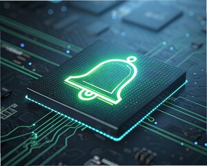 Green Bell Icon: Notifications, Alerts & Updates on Circuit Board