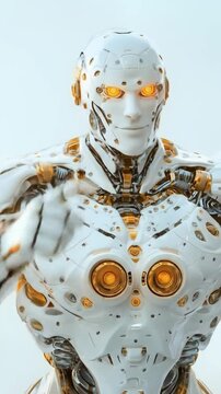 A futuristic white robot points to its own head, symbolizing the wisdom of invention and advanced technology