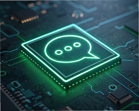 Chat bubble with ellipses on glowing circuit board, AI conversation