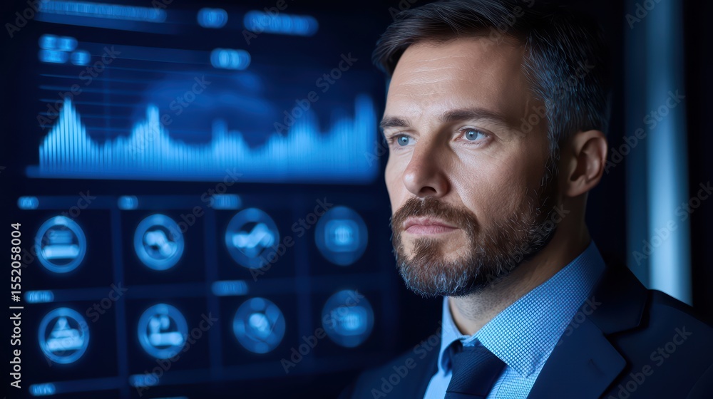 Poster business professional analyzing data with graphs and statistics on digital interface in modern offic