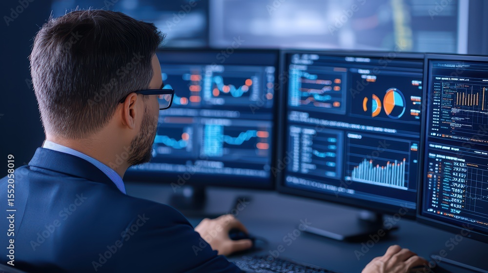 Poster professional man analyzing financial data on multiple computer screens in an office environment duri