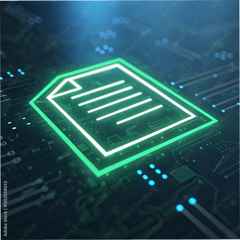 Poster document file icon on glowing circuit board, representing digital data