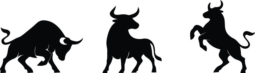 Bull silhouette icons in different powerful poses symbolizing strength, aggression, and financial bull market concepts