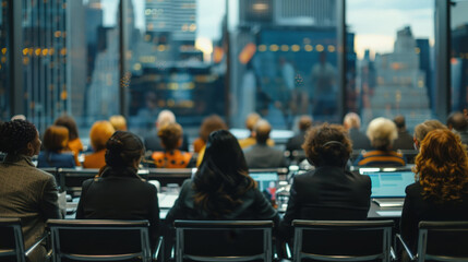 A diverse audience of professionals is seen from behind, attentively listening during an international panel discussion on public service. They are seated in a modern conference hall with large window
