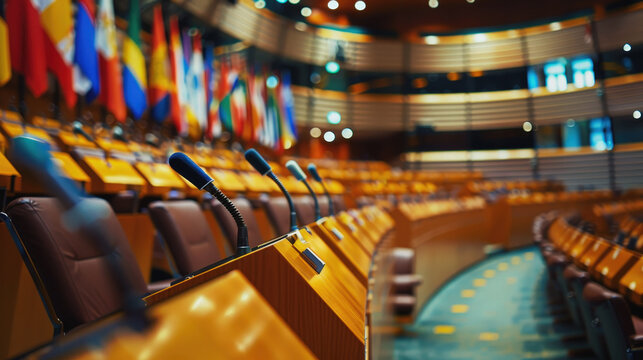 An empty parliamentary assembly hall awaits its delegates. A row of microphones stands ready on the polished wooden desks, with the blurred flags of many nations in the background, creating a sense of