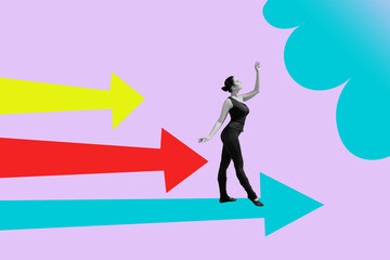 Image pop 3d zine full collage of happy businessman businesswoman stand arrow development career...