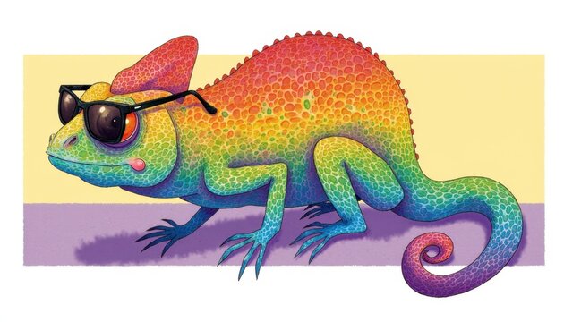 Colorful chameleon wearing sunglasses on vibrant background