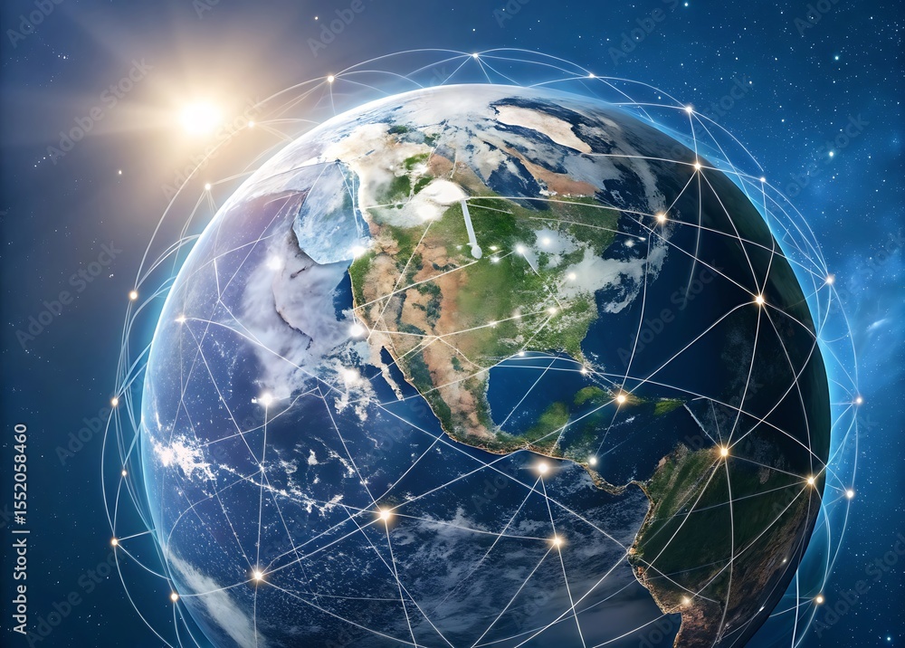 Poster global network connecting the world with digital technology and communication earth view from space 