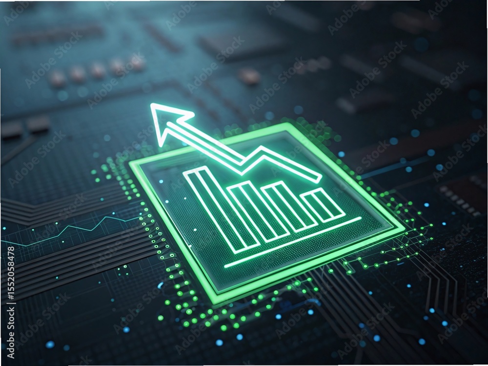 Poster bar chart with up arrow on glowing circuit board, showing data growth